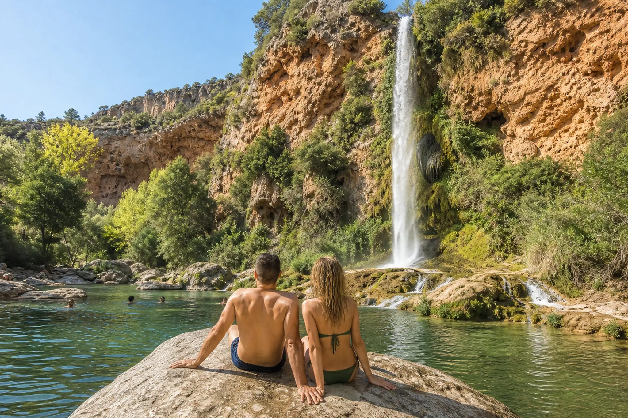 Pareja contemplando la cascada del Salto de la Novia desde la poza de aguas turquesas