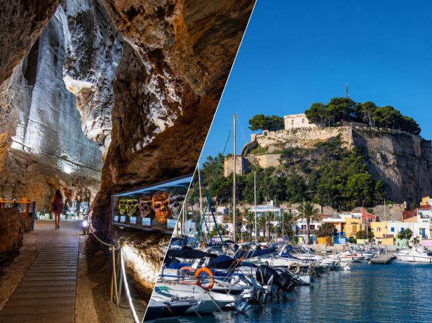Puerto y castillo de Denia junto a la Cueva de las Calaveras